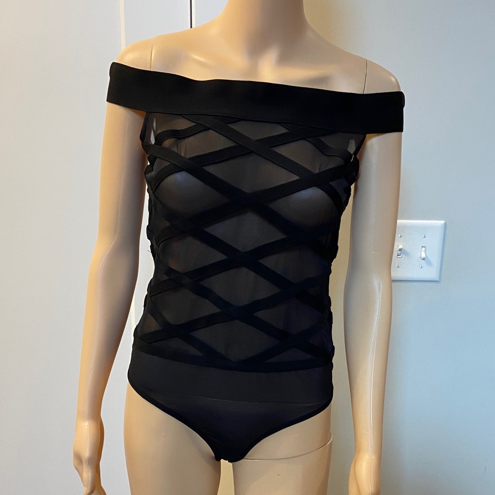 bebe Black Off-Shoulders Crisscross Mesh Bodysuit